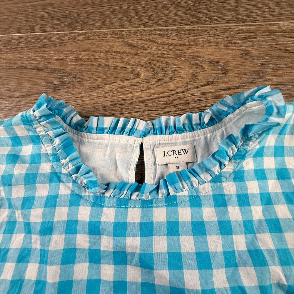 J. Crew Factory Women's Ruffle Neck Gingham Sleeveless Blouse Teal White Size S - Picture 5 of 11